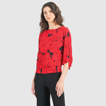 Pull-Tie Cuff Blouson Top - Rose Floret