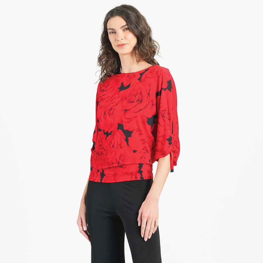 Pull-Tie Cuff Blouson Top - Rose Floret