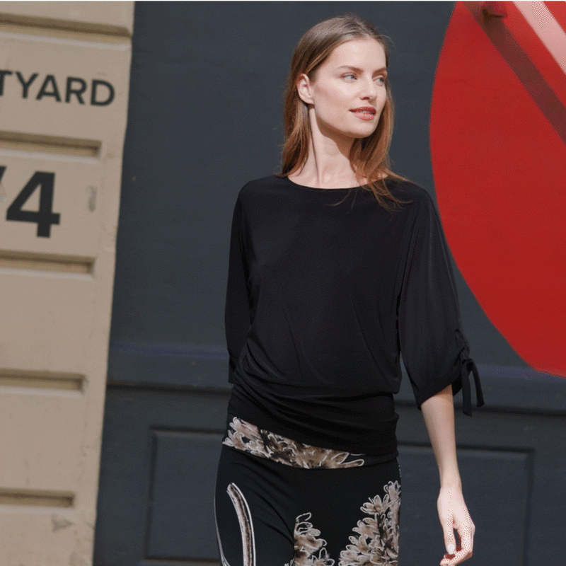 Pull-Tie Cuff Blouson Top - Black