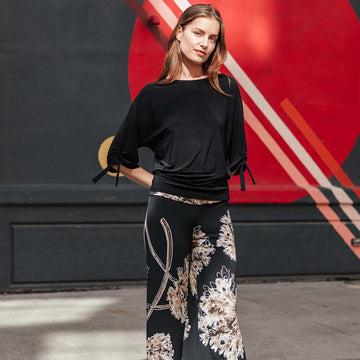 Pull-Tie Cuff Blouson Top - Black