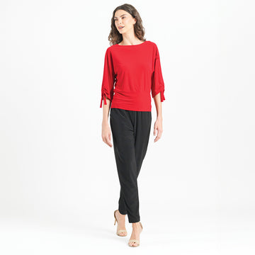 Pull-Tie Cuff Blouson Top - Red