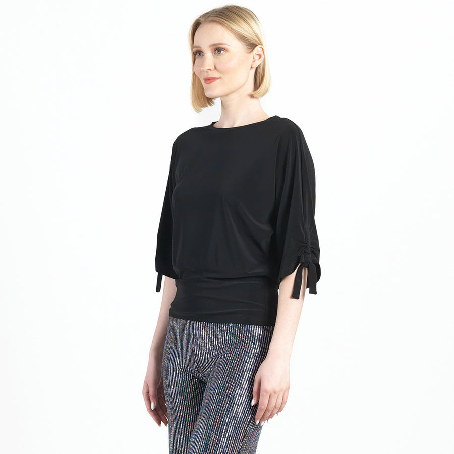 Pull-Tie Cuff Blouson Top - Black