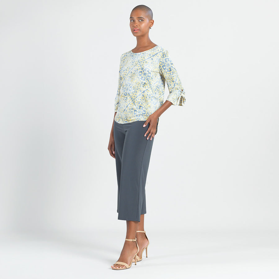 Textured Tie Cuff Curved Hem Top - Mosaic Emblem - Final Sale!