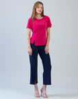 Flounce Sleeve Stitch Overlay Top - Hot Pink