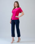 Flounce Sleeve Stitch Overlay Top - Hot Pink