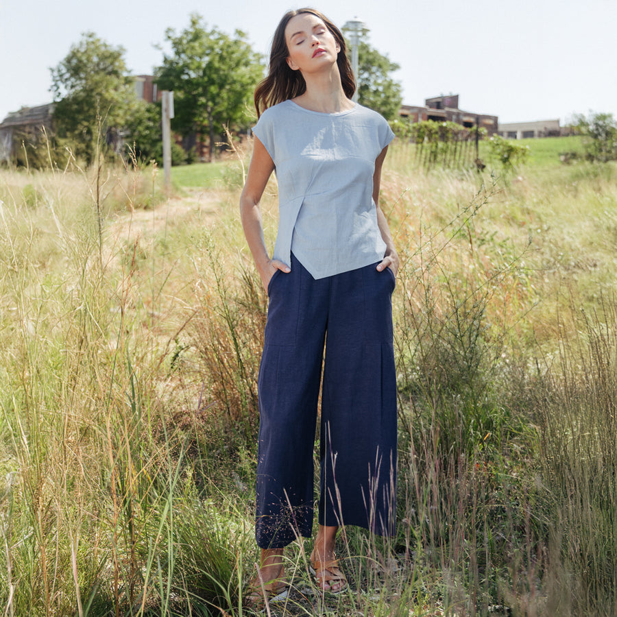 Soft Cotton - Pleated Wide Leg Ankle Pant - Navy - Limited Sizes