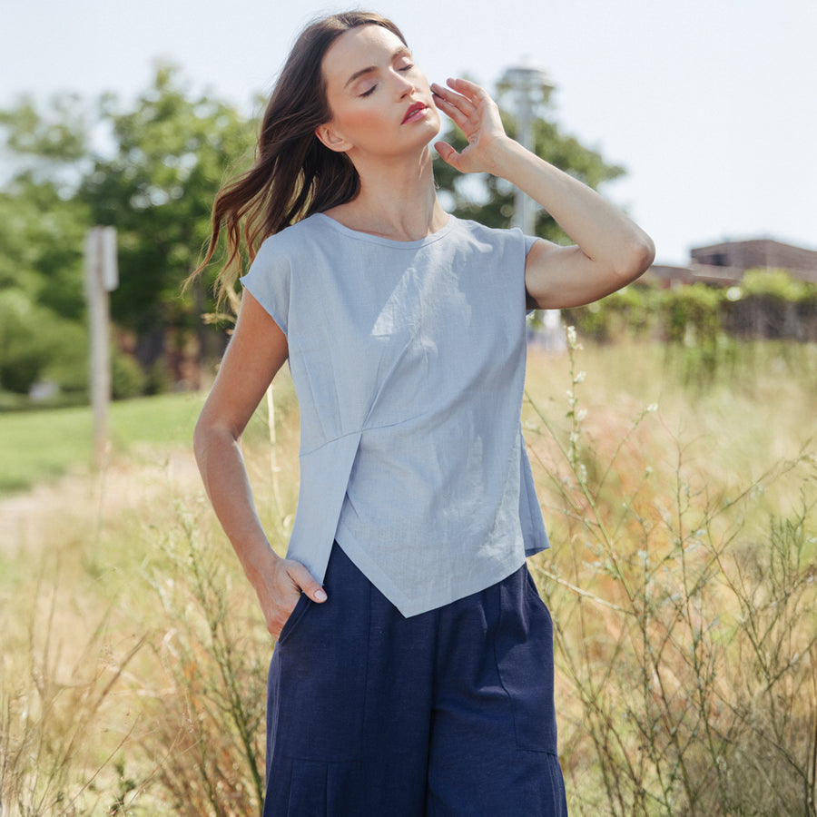 Soft Cotton - Cap Sleeve Stitch Overlay Top - Powder Blue – Clara