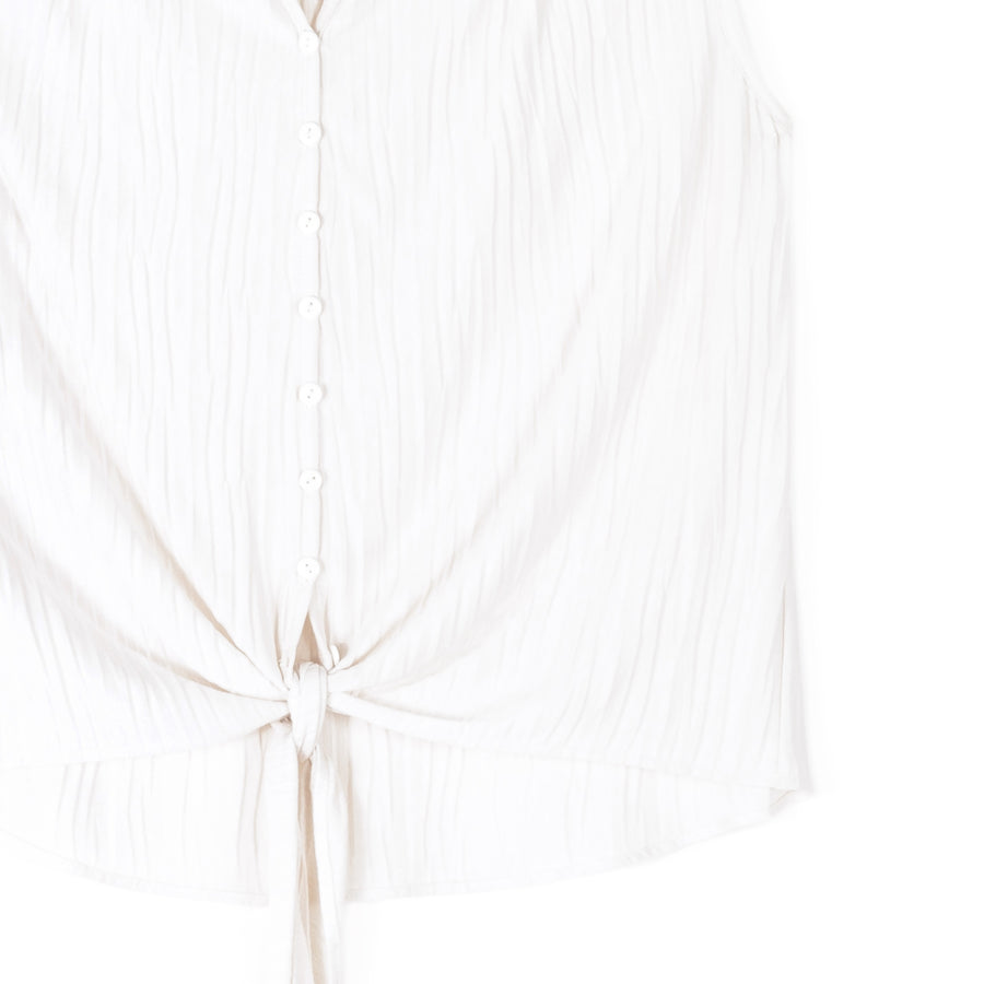 Soft Pleat Knit - Sleeveless Button Down Tie Hem Top - Ivory