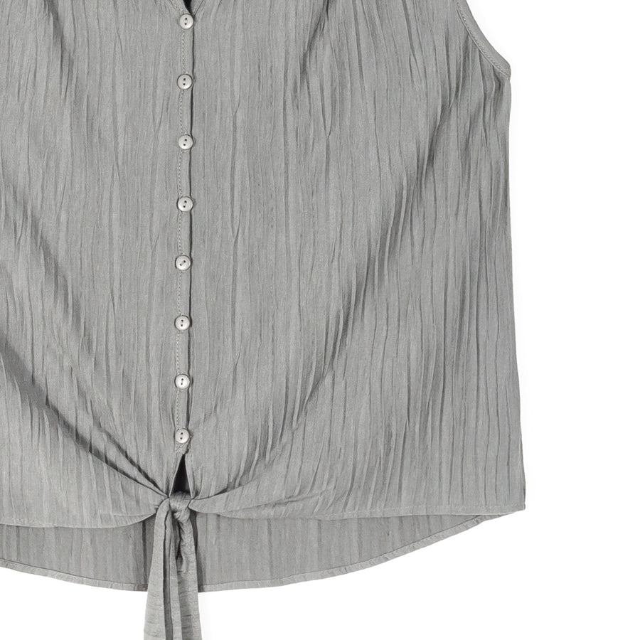 Soft Pleat Knit - Sleeveless Button Down Tie Hem Top - Olive