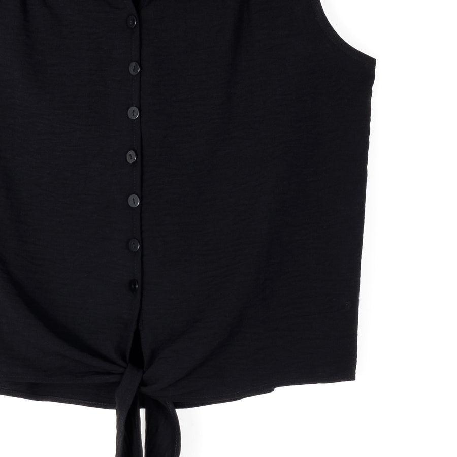 Soft Textured Rayon - Sleeveless Button Down Tie Hem Top - Black