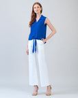 Soft Textured Rayon - Sleeveless Button Down Tie Hem Top - Cobalt