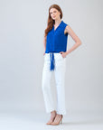 Soft Textured Rayon - Sleeveless Button Down Tie Hem Top - Cobalt