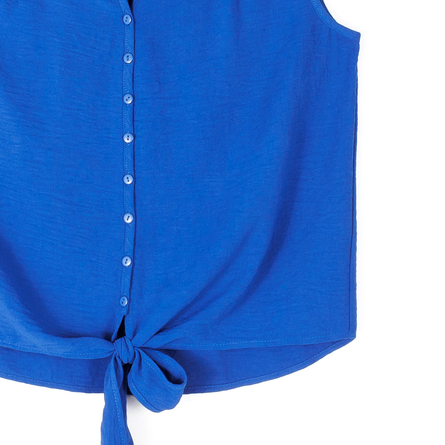 Soft Textured Rayon - Sleeveless Button Down Tie Hem Top - Cobalt