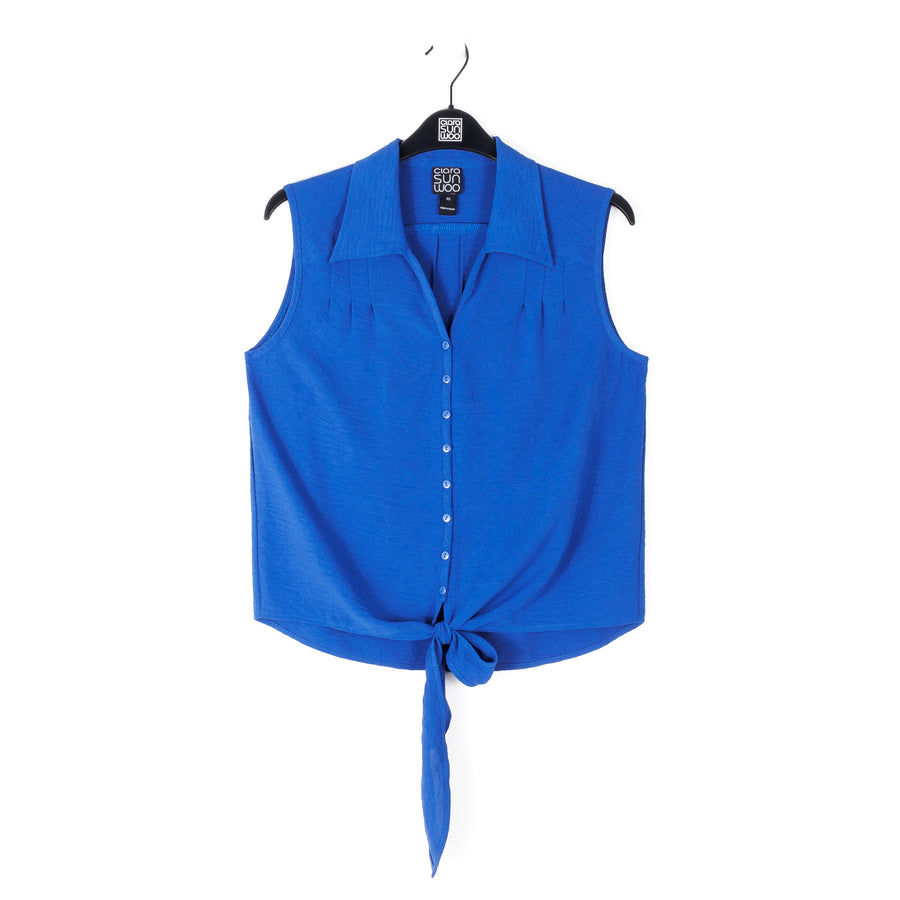 Soft Textured Rayon - Sleeveless Button Down Tie Hem Top - Cobalt