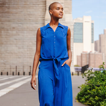 Soft Textured Rayon - Sleeveless Button Down Tie Hem Top - Cobalt