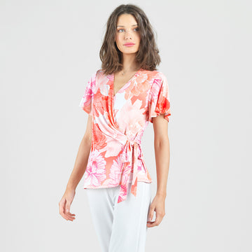 Butter Knit - Surplice Faux Wrap Side Tie Top - Sunset Petals - Final Sale!
