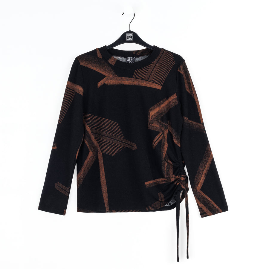 Lightweight Cozy - Side Pull-Tie Sweater Top - Linear Geo