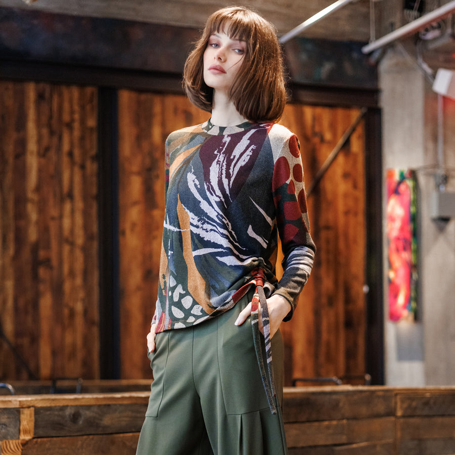 Cozy Knit - Side Pull-Tie Sweater Top - Abstract Harvest