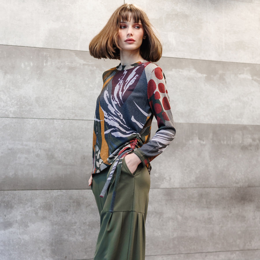 Cozy Knit - Side Pull-Tie Sweater Top - Abstract Harvest