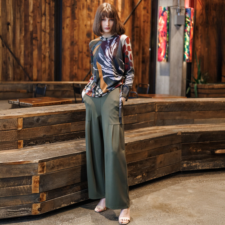 Cozy Knit - Side Pull-Tie Sweater Top - Abstract Harvest