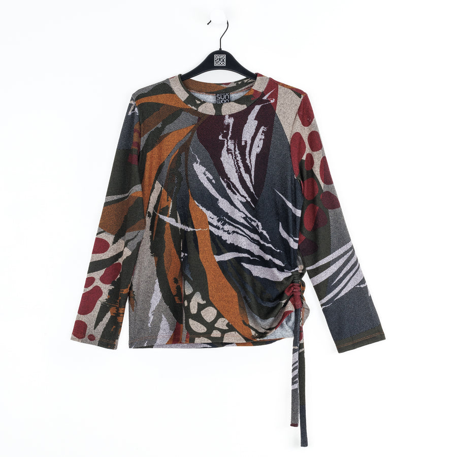 Cozy Knit - Side Pull-Tie Sweater Top - Abstract Harvest