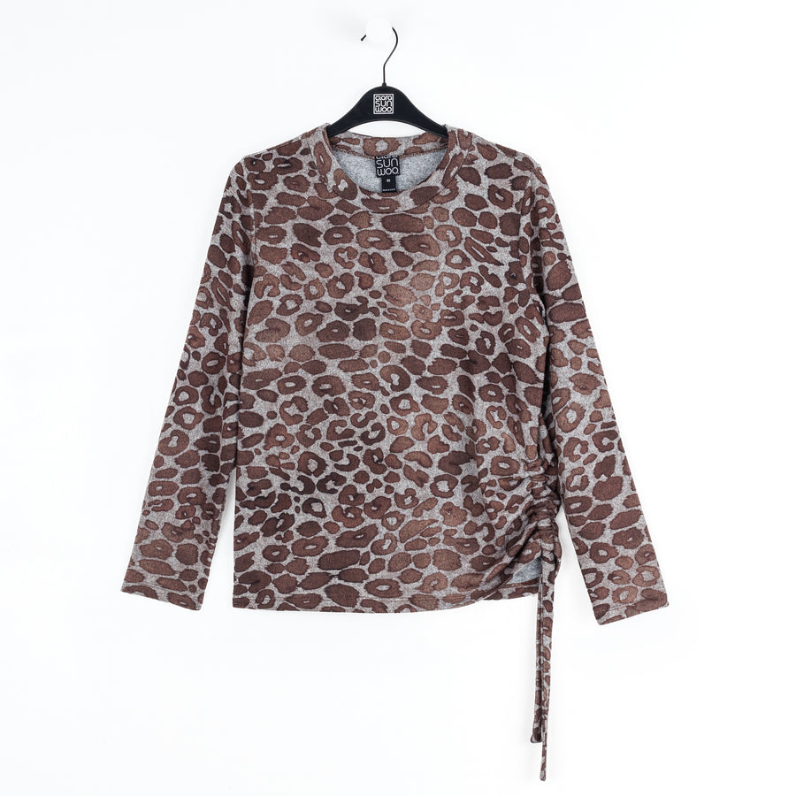 Cozy Knit - Side Pull-Tie Sweater Top - Leopard Motif