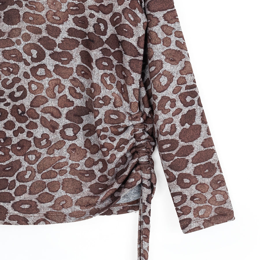 Cozy Knit - Side Pull-Tie Sweater Top - Leopard Motif