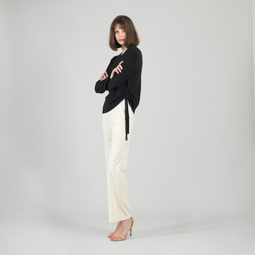 Soft Ribbed - Side Pull-Tie Sweater Top - Black