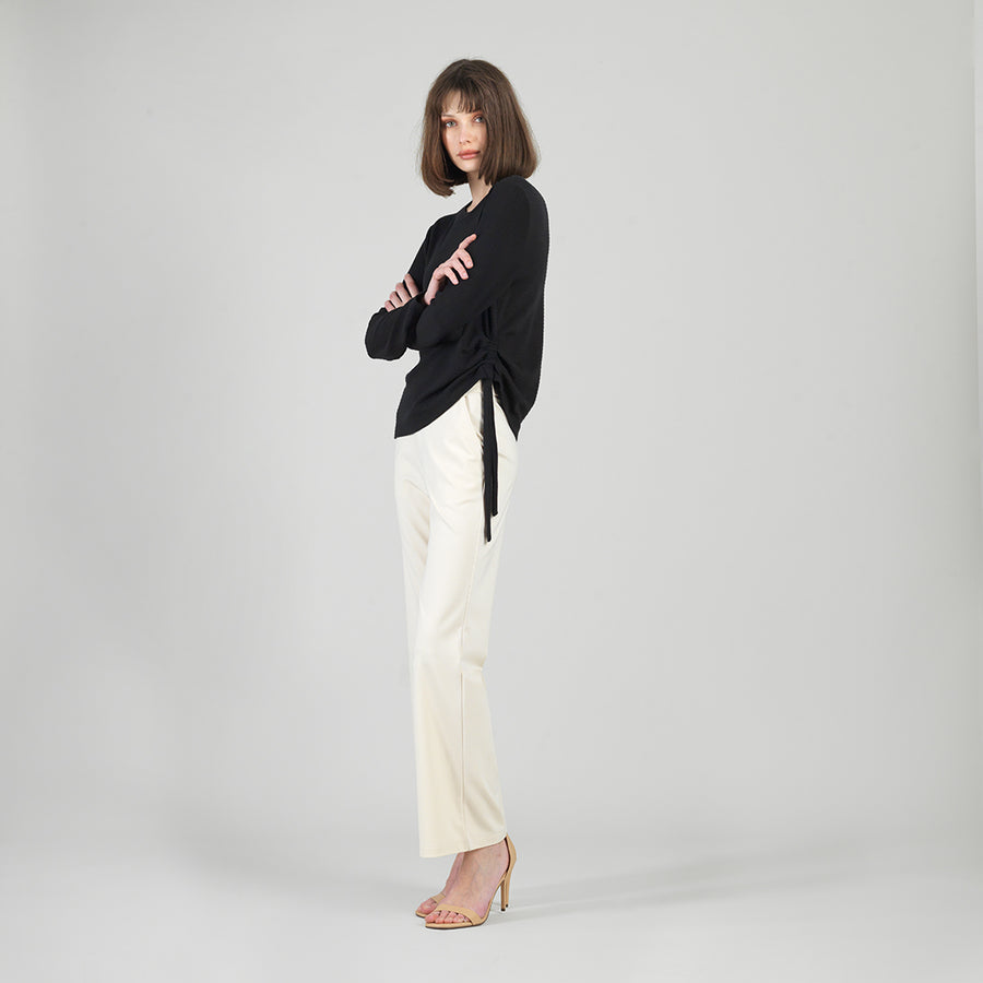 Soft Ribbed - Side Pull-Tie Sweater Top - Black