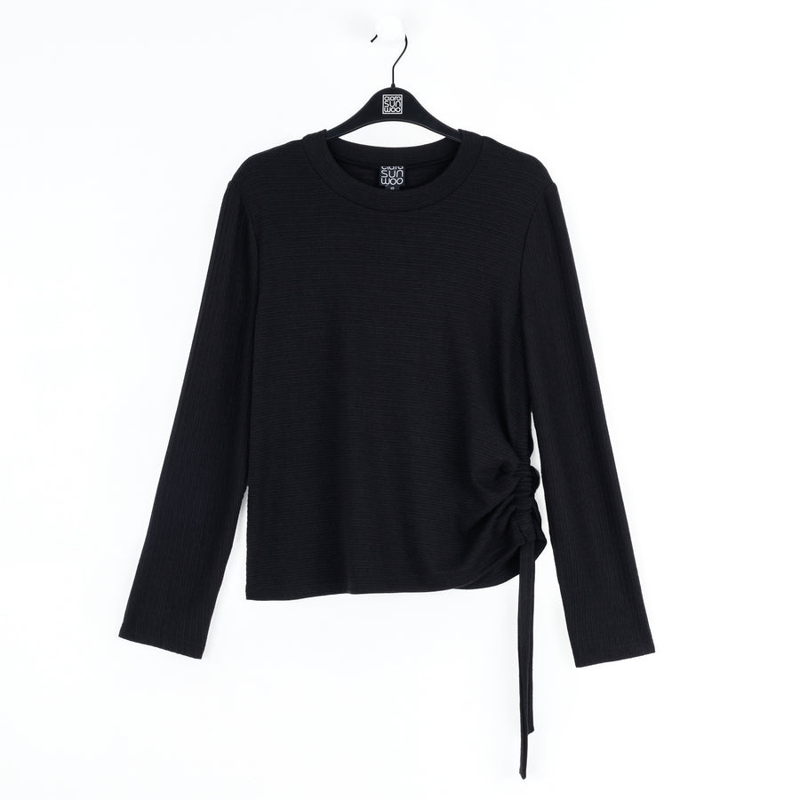 Soft Ribbed - Side Pull-Tie Sweater Top - Black