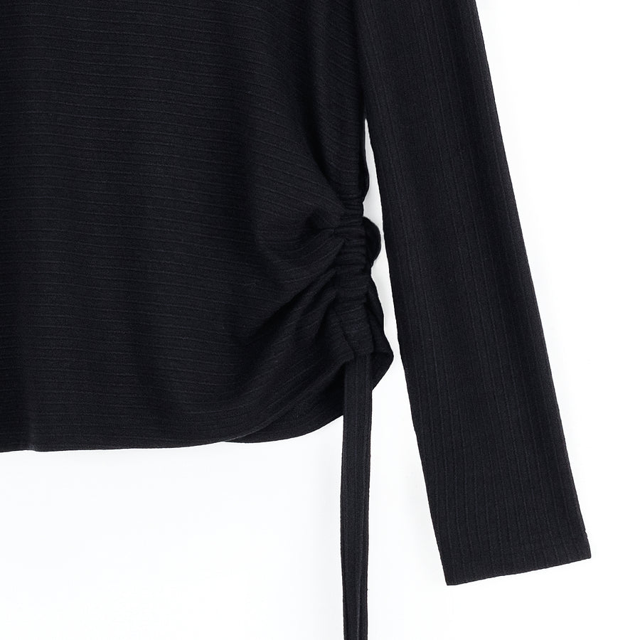 Soft Ribbed - Side Pull-Tie Sweater Top - Black