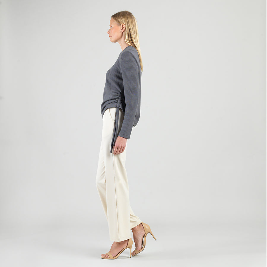 Soft Ribbed - Side Pull-Tie Sweater Top - Charcoal