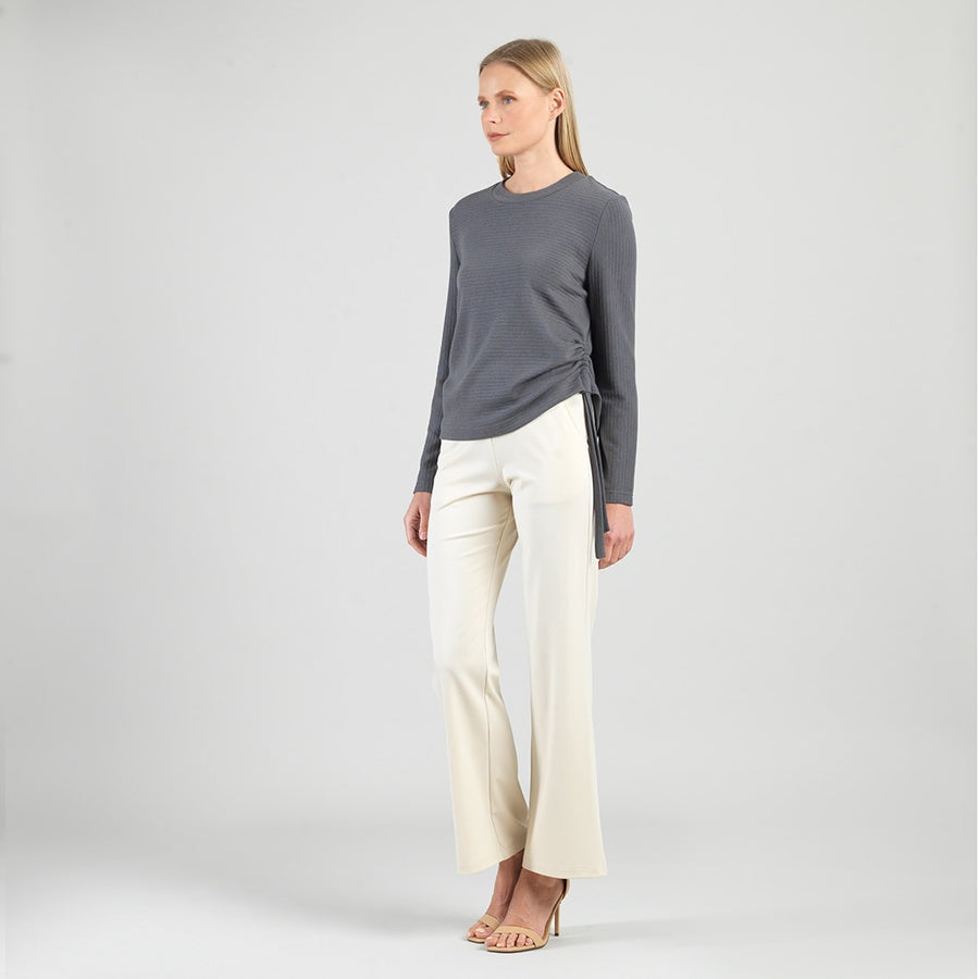 Soft Ribbed - Side Pull-Tie Sweater Top - Charcoal