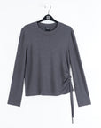 Soft Ribbed - Side Pull-Tie Sweater Top - Charcoal
