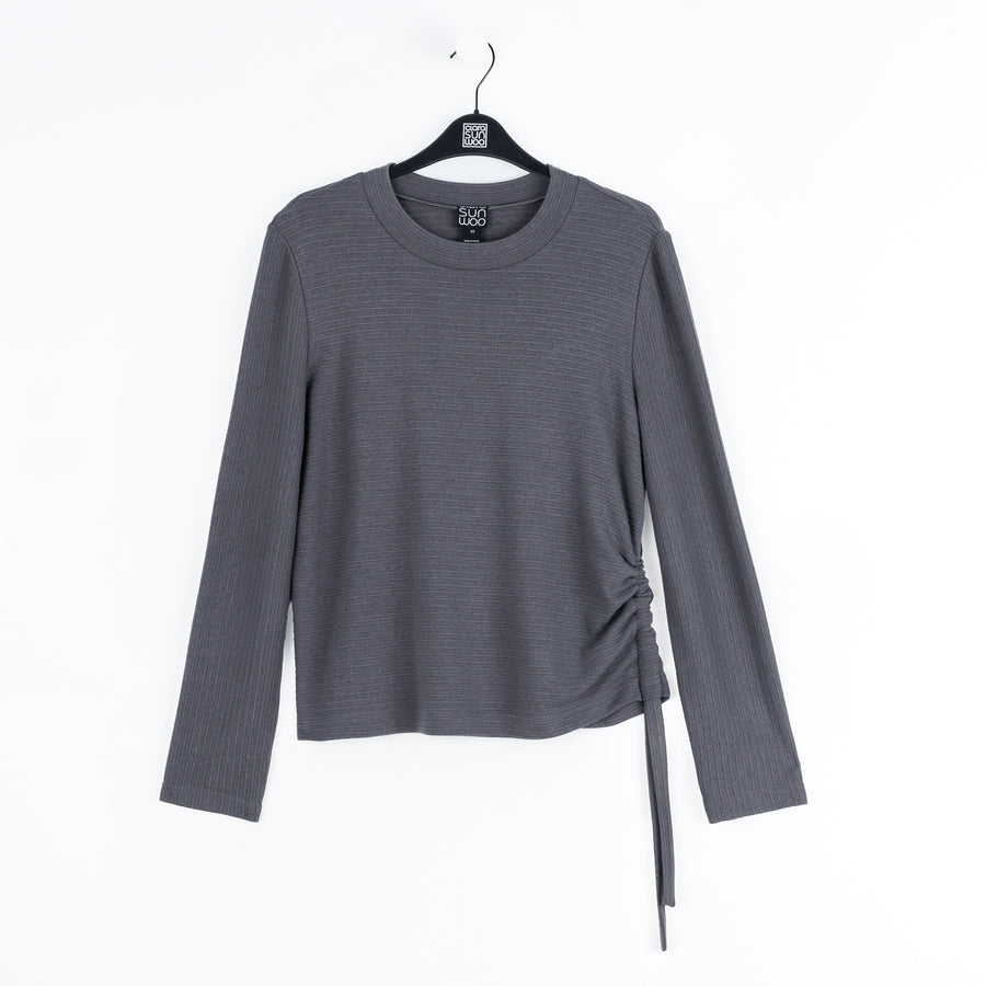 Soft Ribbed - Side Pull-Tie Sweater Top - Charcoal