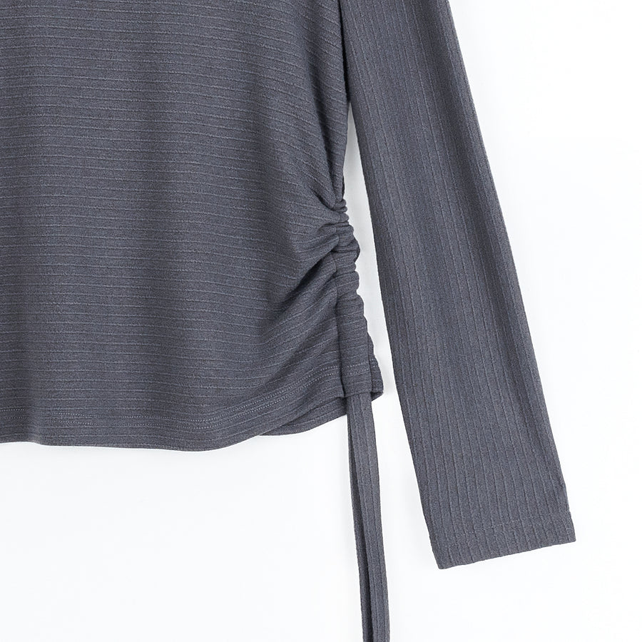 Soft Ribbed - Side Pull-Tie Sweater Top - Charcoal