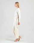 Soft Ribbed - Side Pull-Tie Sweater Top - Oatmeal