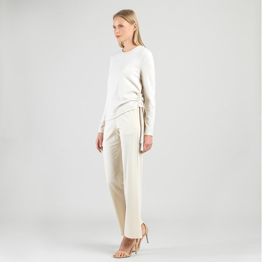 Soft Ribbed - Side Pull-Tie Sweater Top - Oatmeal