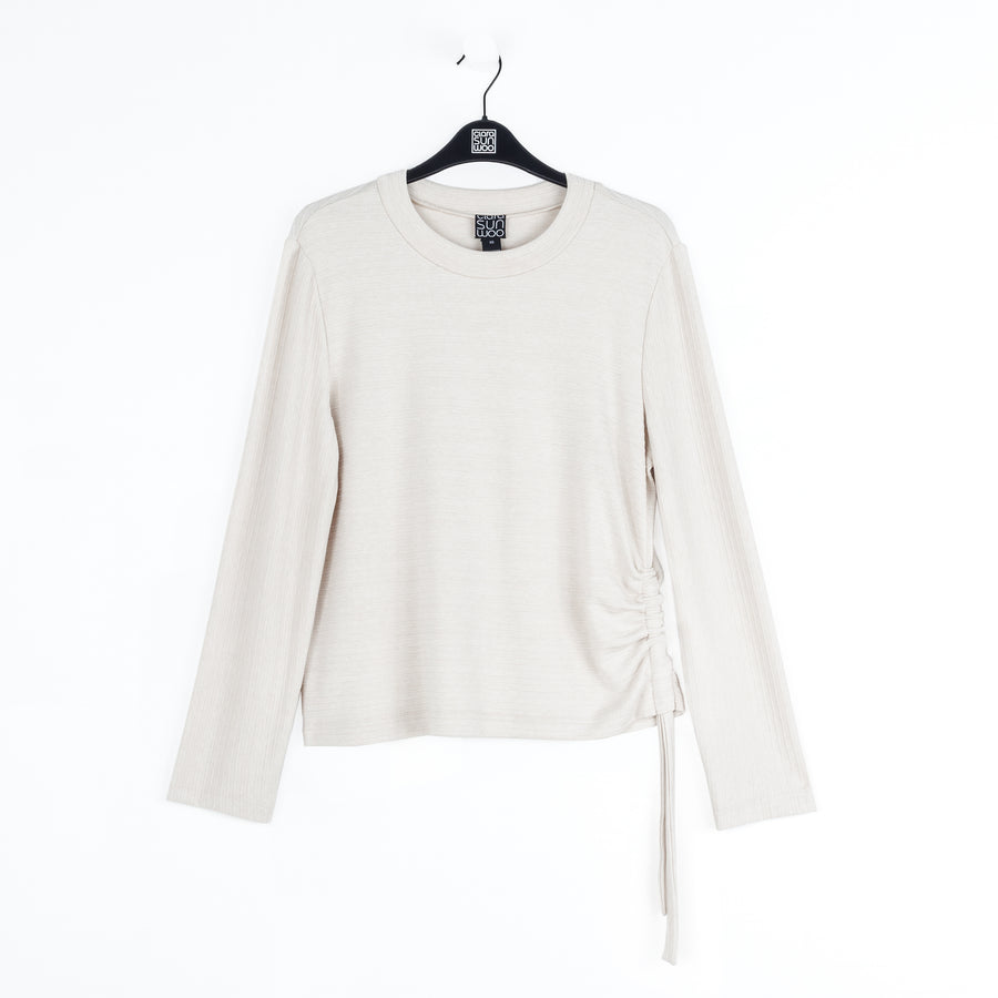 Soft Ribbed - Side Pull-Tie Sweater Top - Oatmeal