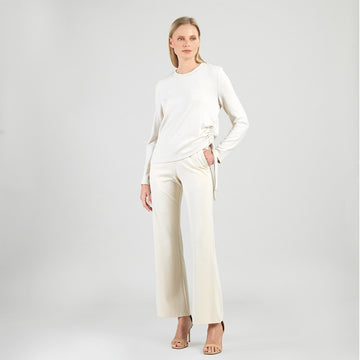 Soft Ribbed - Side Pull-Tie Sweater Top - Oatmeal