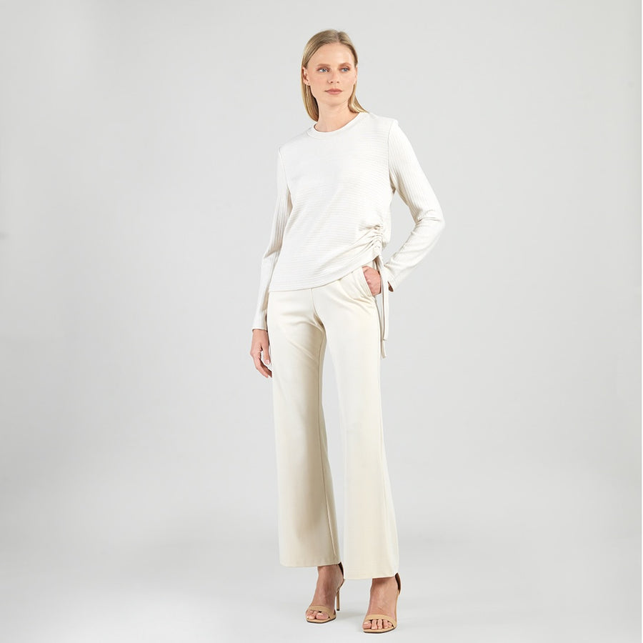 Soft Ribbed - Side Pull-Tie Sweater Top - Oatmeal