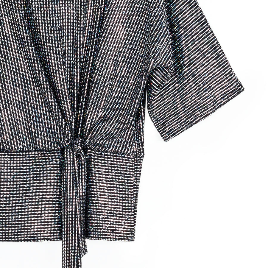 Shimmer Sequin - Side Tie Top - Silver Pinstripe