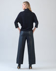 Plush Ribbed - Liquid Leather Cuff Sweater Top - Black