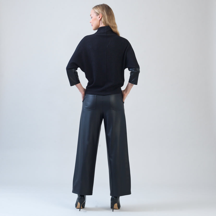 Plush Ribbed - Liquid Leather Cuff Sweater Top - Black