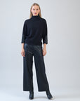 Plush Ribbed - Liquid Leather Cuff Sweater Top - Black