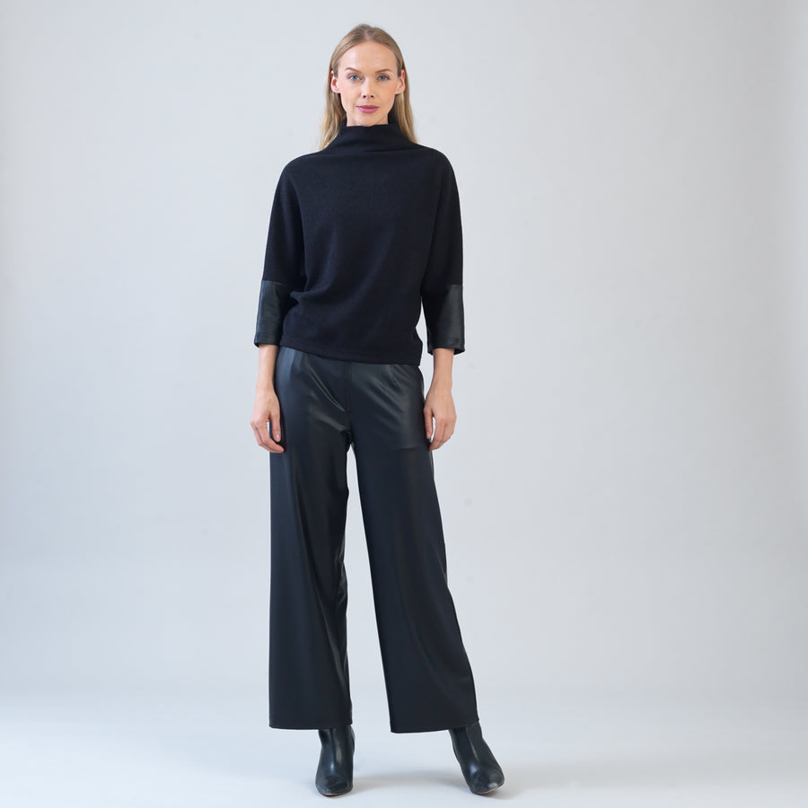 Plush Ribbed - Liquid Leather Cuff Sweater Top - Black