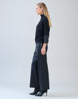 Plush Ribbed - Liquid Leather Cuff Sweater Top - Black