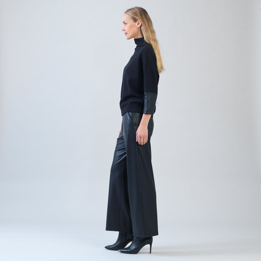 Plush Ribbed - Liquid Leather Cuff Sweater Top - Black
