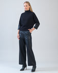 Plush Ribbed - Liquid Leather Cuff Sweater Top - Black