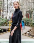 Plush Ribbed - Liquid Leather Cuff Sweater Top - Black